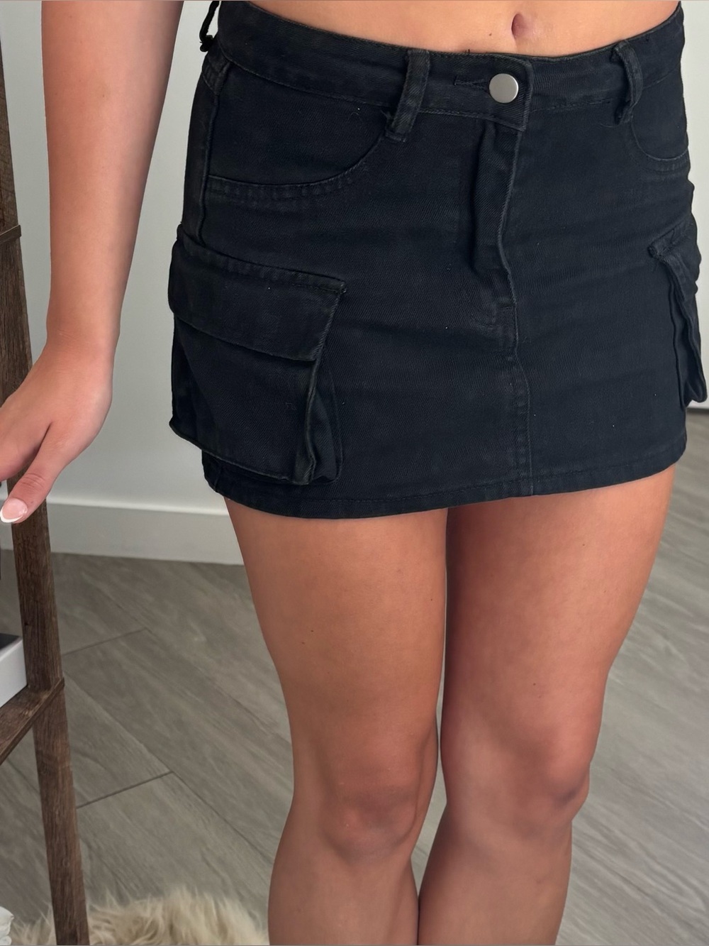 Black Cargo Pocket Denim Mini Skirt